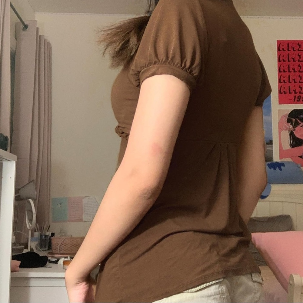 Brown Ruched Ruffled Blouse - Picture 2 of 2